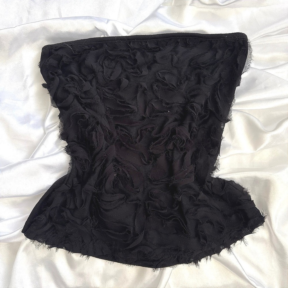Dots Black Rosette Tube Top Strapless 3D Floral Peplum Blouse Large